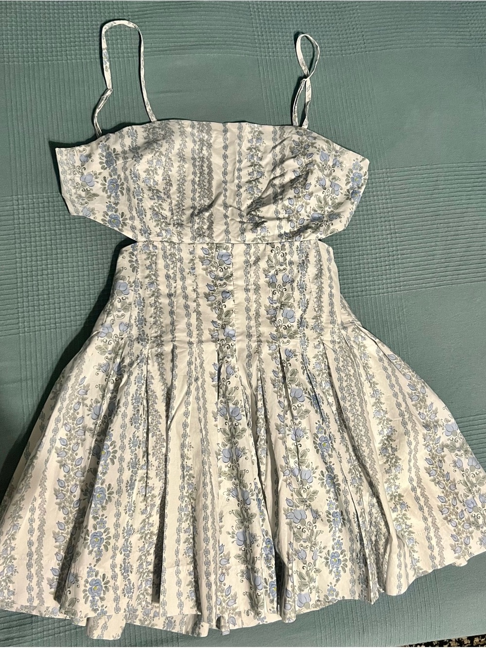 Floral Stripe Spaghetti‑Strap Kids Dress - Light Blue & Cream